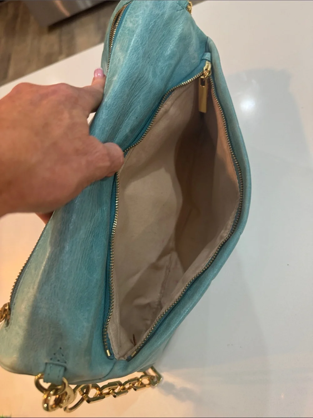 Tory Burch Teal Leather Logo Clutch with Gold Chain Strap